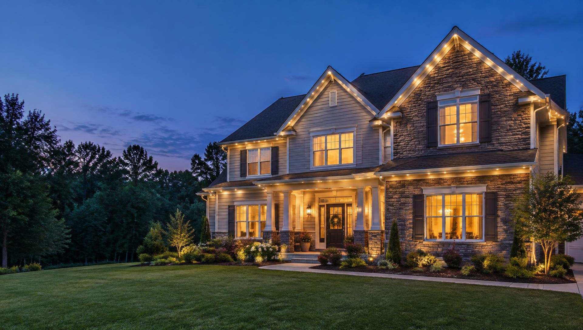 Illustrative home with permanent warm-white LED roofline lighting at twilight